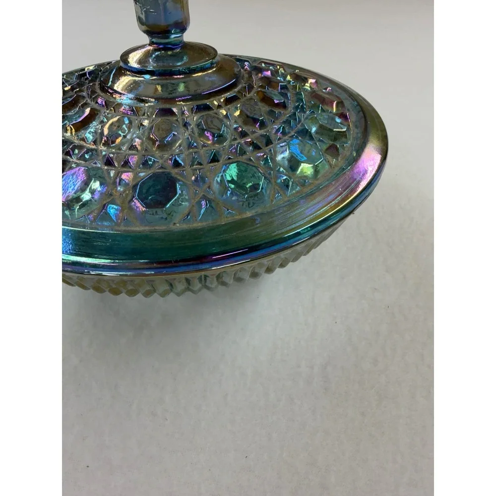 Vintage Blue Carnival Glass Trinket Dish with Lid Iridescent Candy Jar Round